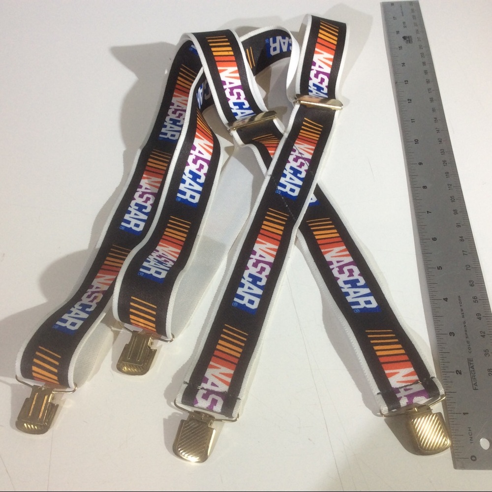 NASCAR Racing Stripes Rainbow Colors Gold Tone Hardware White Suspenders *STAIN - Picture 2 of 6